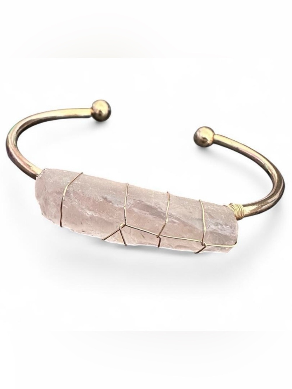 Rose Quartz Wire-Wrapped Cuff Bracelet in Gold Tone